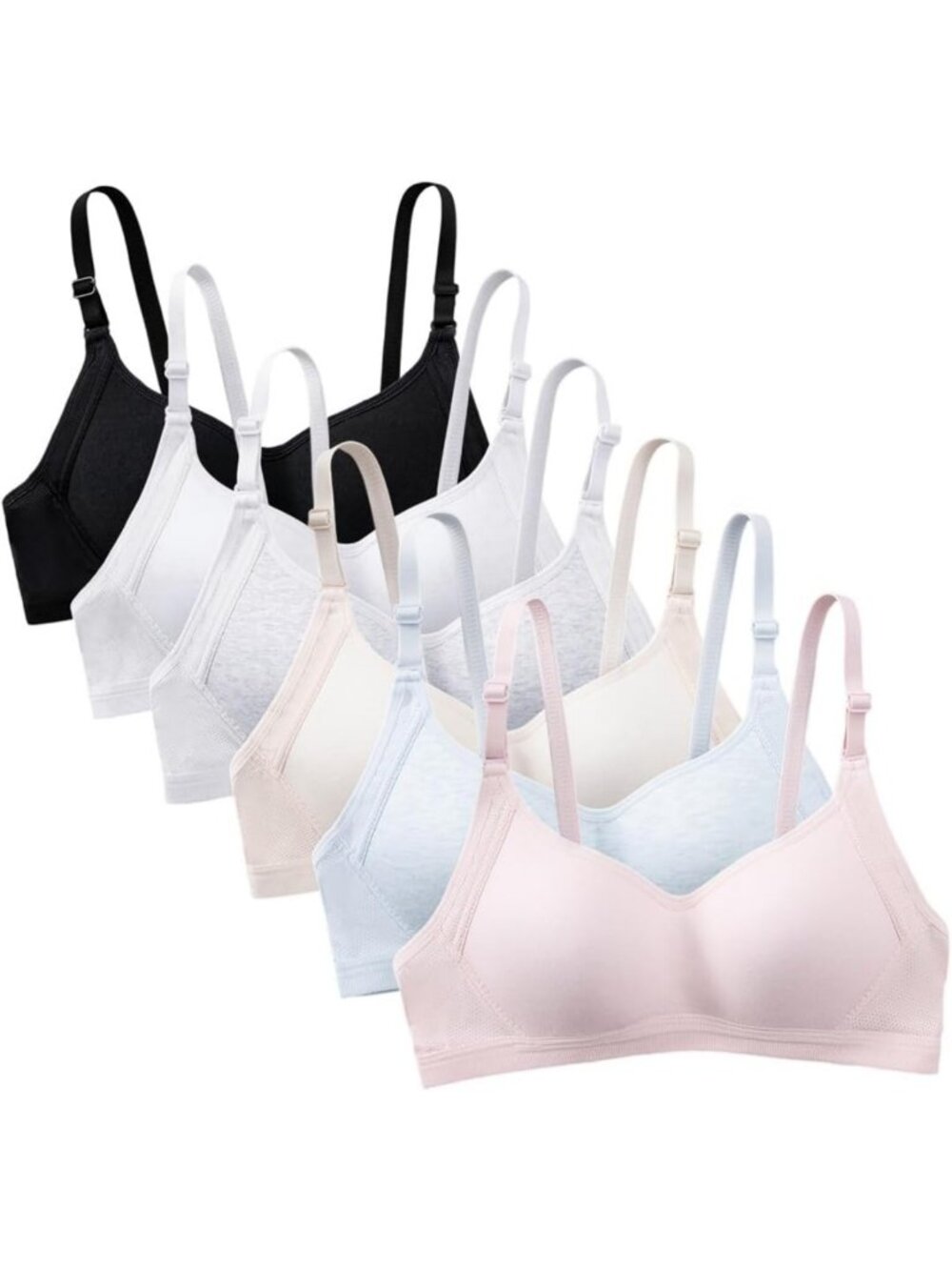 6-Pack Teen Girls Cotton Wire-Free Training Bras with Adjustable Straps